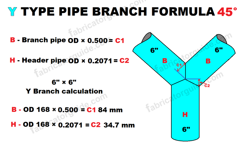 Y type pipe branch formula 45° | Y branch formula 8 center line and 16 center line