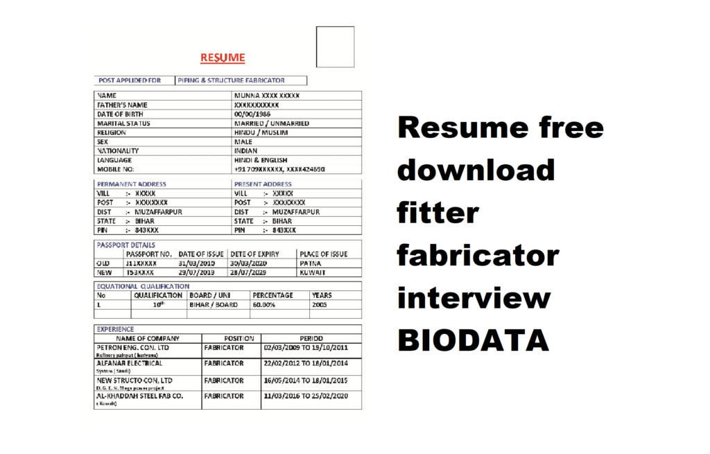 Pipe fitter fabricator Resume | construction line interview CV biodata resume
