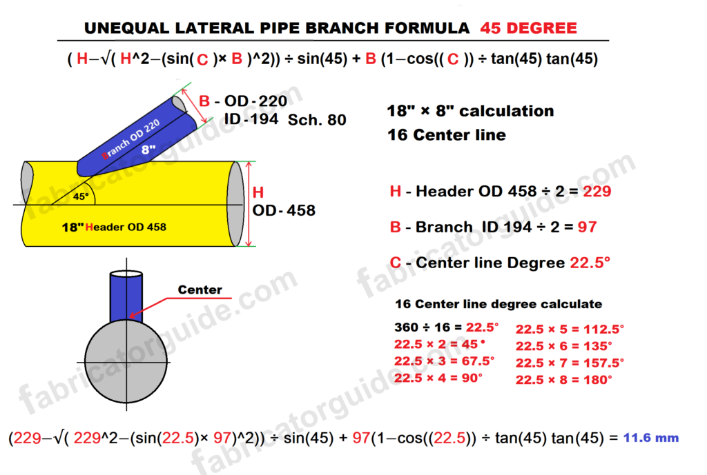 Unequal Lateral branch formula 45° | Unequal Lateral pipe branch 18" × 8" calculations formula