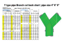 Y type pipe Branch cut back chart | pipe size 4″ 6″ 8″ | 60° 45° 30° 22.5°