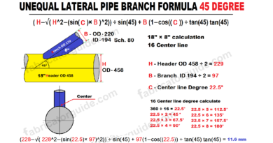 Unequal Lateral branch formula 45° | Unequal Lateral pipe branch 18″ × 8″ calculations formula